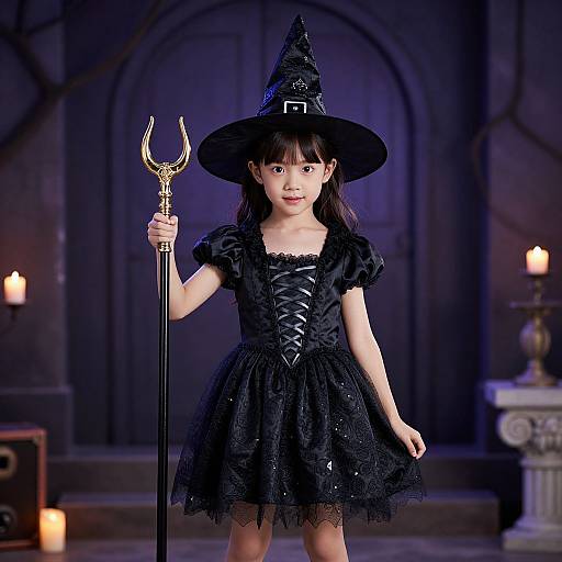 Young Asian girl in black witch costume with pointed hat, holding trident, standing in dimly lit, candlelit, Gothic-style room.