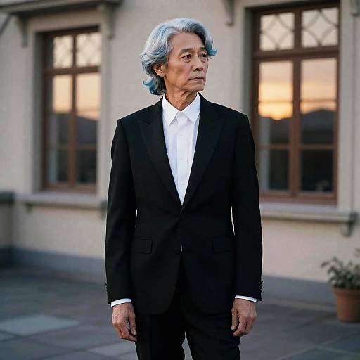 Androgynous Silver-Blue Tuxedo at Dusk