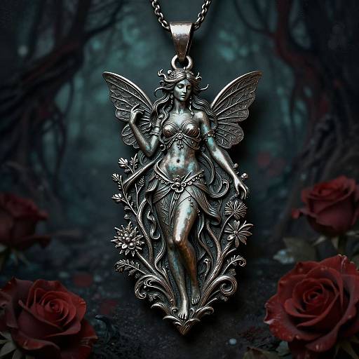 Detailed silver pendant of a winged fairy with floral accents, standing on a dark, foggy forest path, surrounded by red roses. Photorealistic