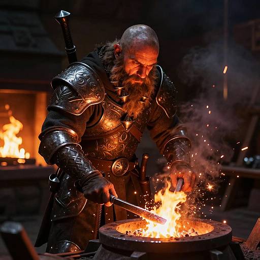 Photograph of a bearded, armored blacksmith with a bald head, forging metal in a fiery forge, surrounded by glowing embers.