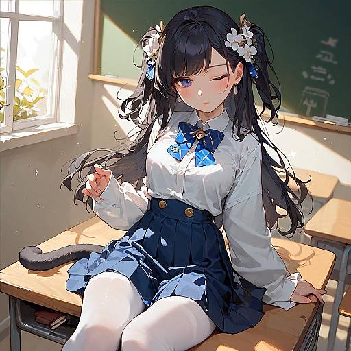 Anime Girl in Classroom Setting with Flowers