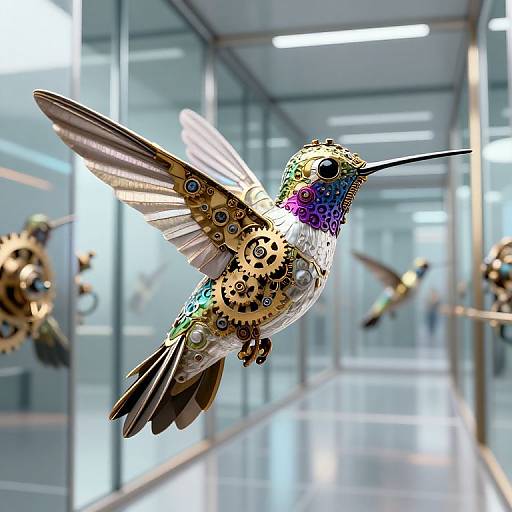 Digital artwork of a vibrant, metallic hummingbird with gears and colorful patterns, flying in a modern, glass-walled hallway.