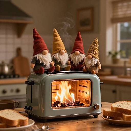 Photograph of three gnome figurines with red, yellow, and brown hats sitting on a blue toaster with a burning fire inside, in a cozy kitchen