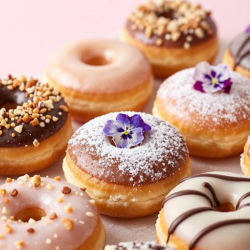 Close-up photograph of assorted donuts with glazes, sprinkles, and toppings, including powdered sugar, chocolate, nuts, and purple flower decorations.