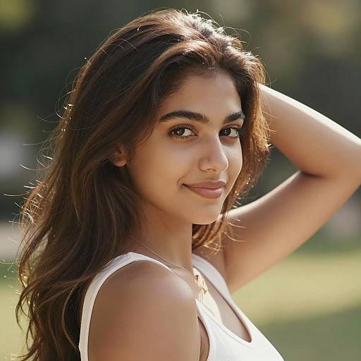 Confident Young Woman in Sunlit Greenery