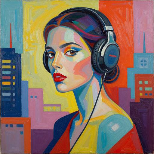 Vibrant digital painting of a woman with red lips, black headphones, and blue-gray skin, set against colorful cityscape background.
