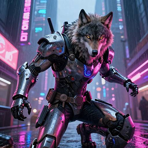 Digital artwork: Cybernetic wolf with glowing yellow eyes crouches in a neon-lit, rainy city street, wearing metallic armor with glowing blue