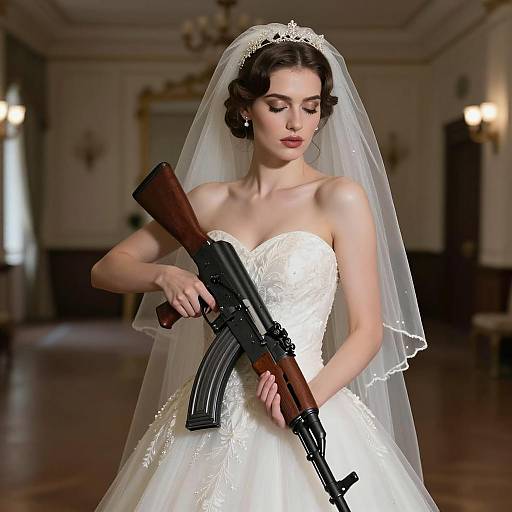 Bride in Wedding Dress Holding AK-47 Rifle