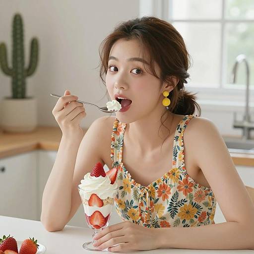 Young Woman Eating Strawberry Parfait