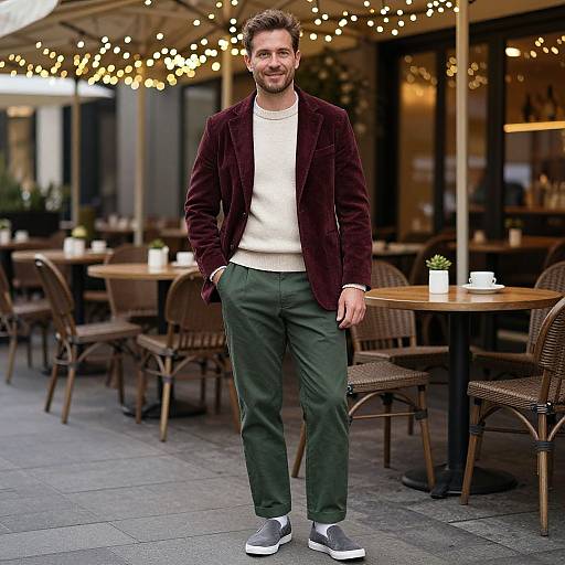 Photograph of a smiling man with short brown hair, beard, wearing a maroon velvet blazer, white sweater, green pants, and gray sneakers
