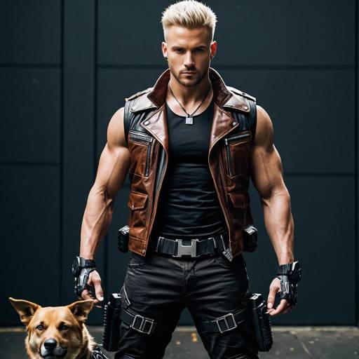Muscular Man in Cyberpunk Cosplay with Dog