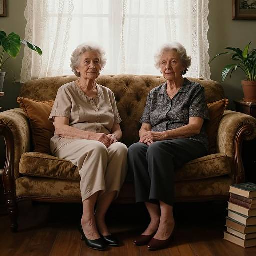 Photograph of two elderly women with white hair, sitting on a brown floral sofa, wearing light and dark patterned dresses, in a warmly lit living