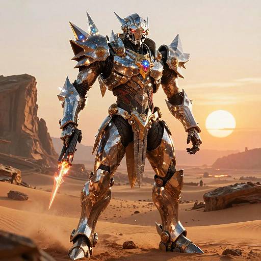 CGI image of a shining, armored knight warrior with spiked shoulder plates, holding a flaming sword, standing in a desert at sunset.