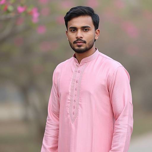 Photograph of a young South Asian man with short black hair and trimmed beard, wearing a pink, long-sleeved, embroidered kurta, standing