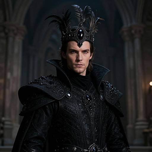 Photograph of a stern-faced man in dark, ornate medieval armor with black feathered crown, standing in a dimly lit, Gothic archway