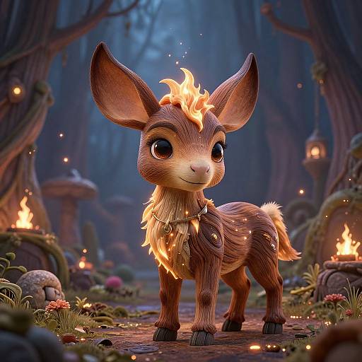 Digital art of a cute, cartoonish, brown-furred, fire-maned forest creature with large eyes, standing amidst glowing fire torches in a