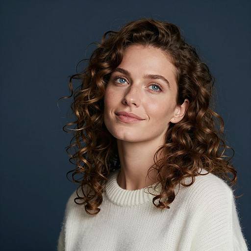 Woman with Curly Hair and Blue Eyes