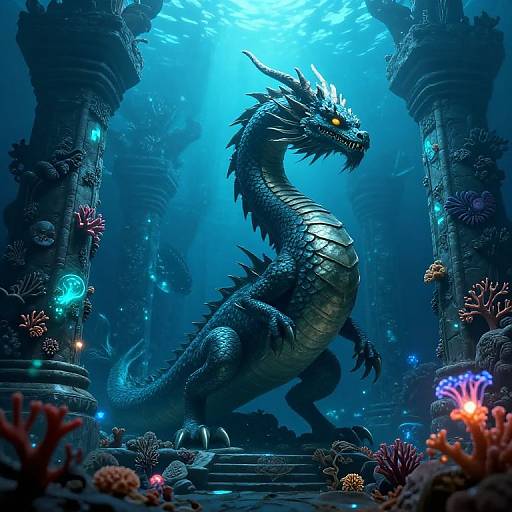 Half-Dragon Fish Guards Underwater Temple