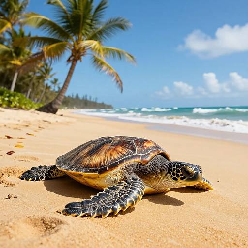 Photograph of a colorful sea turtle resting on a sunlit, sandy beach with palm trees and a clear blue sky in the background.