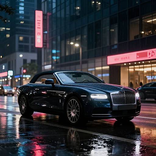 Photograph of a sleek, black convertible Rolls-Royce parked on a rain-soaked urban street at night, with neon lights reflecting off the wet