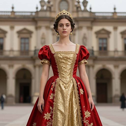 Photorealistic CGI of a young woman in a red and gold baroque-style dress with gold floral embroidery, standing in front of a grand, historic