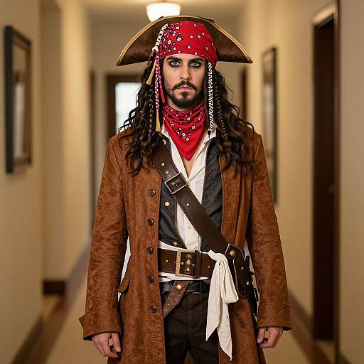Photograph of a bearded man with long black hair, wearing a red bandana, tricorn hat, brown coat, black shirt, and white