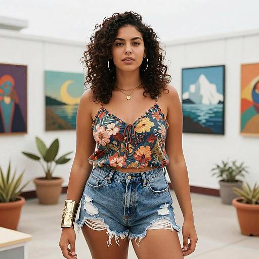 Photograph of a curly-haired woman with medium brown skin wearing a floral spaghetti top and distressed denim shorts, standing in an art gallery with colorful abstract paintings
