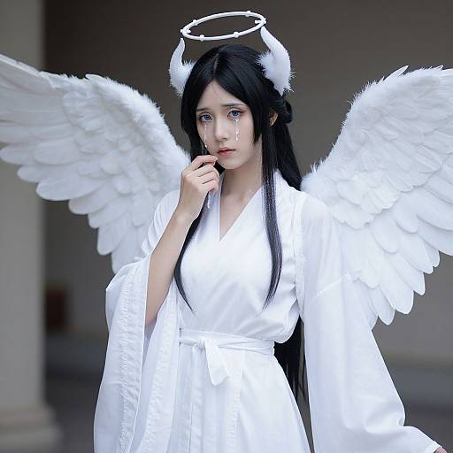 Digital art of an Asian woman with long black hair, white halo, white angel wings, and white robe, crying, in a dimly lit room