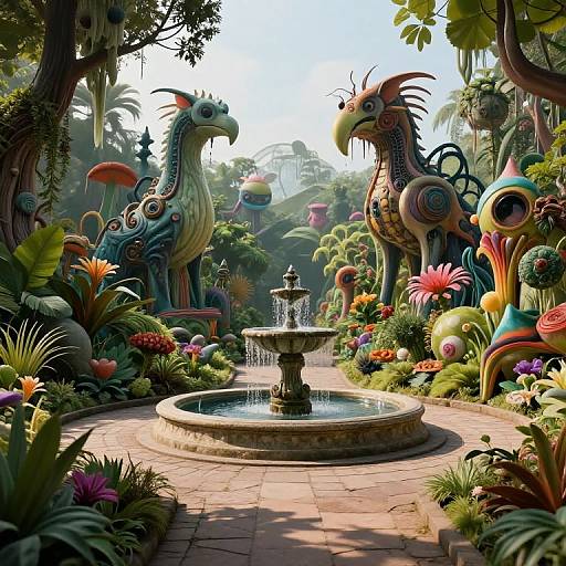 Fantastical garden scene with vibrant, surreal, colorful creatures resembling birds, surrounded by exotic, oversized flowers and a central fountain. Whimsical,