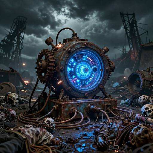Digital art of a glowing blue industrial machine surrounded by skulls and wires in a dark, stormy, post-apocalyptic landscape.