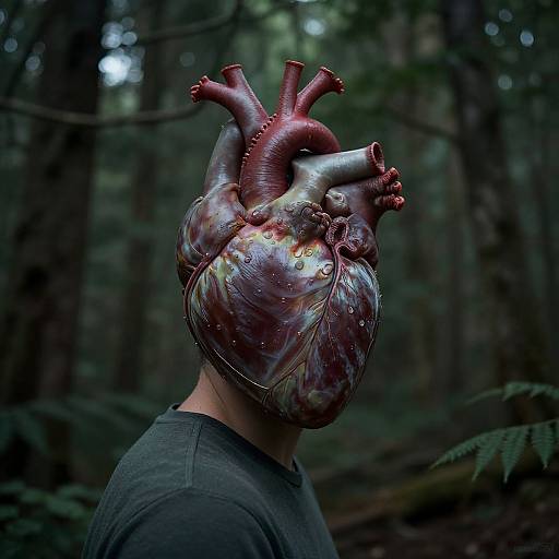 Photograph of a person with a hyper-realistic, iridescent, red and silver metallic heart replacing their head, standing in a dark, dense