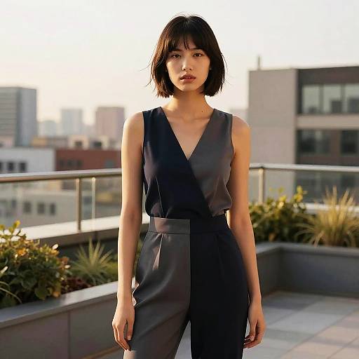 Photograph of an Asian woman with a short black bob, wearing a sleeveless black V-neck jumpsuit, standing on a rooftop with city buildings in