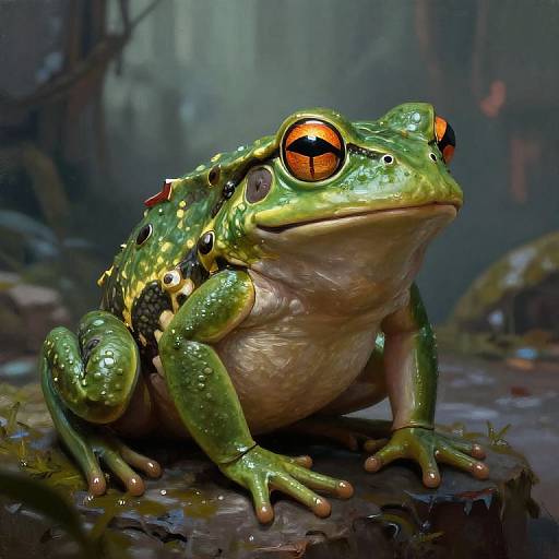 Digital art of a vibrant green frog with large orange eyes and black spots, sitting on a mossy rock in a misty forest. Realistic textures