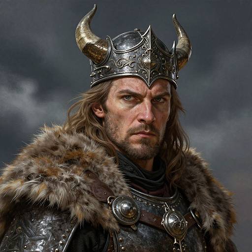 Digital artwork of a stern-faced Viking warrior with long brown hair, horned silver helmet, and fur-lined armor against a stormy sky.