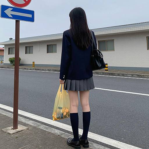 Japanese Schoolgirl on Urban Street Scene