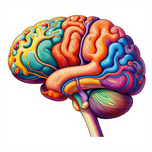 Vibrant, colorful, digital illustration of a human brain with swirling, abstract patterns in orange, blue, green, yellow, and pink.