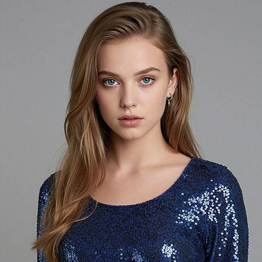 Photograph of a young woman with fair skin, blue eyes, and long brown hair, wearing a sequined navy blue top, against a plain gray
