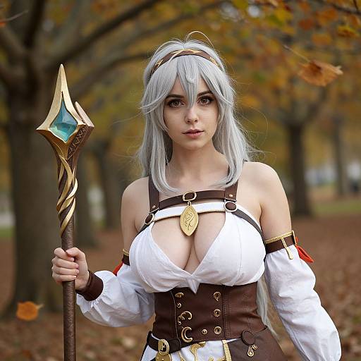 Digital artwork of a white-haired anime woman with large breasts, wearing a white and brown fantasy outfit, holding a gold-tipped staff in an autumn forest