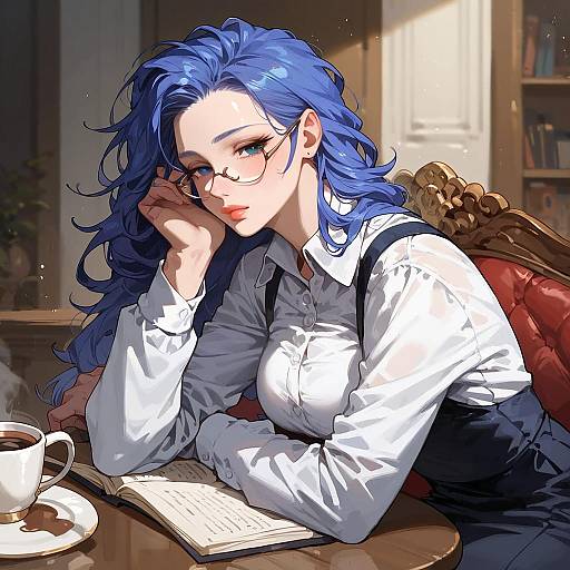 Digital anime-style drawing of a blue-haired woman with glasses, white shirt, black vest, resting chin on hand, reading book, steaming cup.