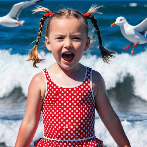 Excited Child in Polka Dot Swimsuit