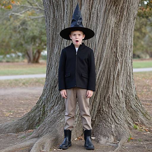 Photograph of a young boy in a black witch hat, black jacket, beige pants, and black boots, standing shocked against a large tree in a