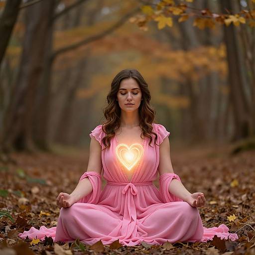 Photograph of a young woman with wavy brown hair, wearing a pink dress with a glowing heart on her chest, sitting cross-legged in a forest