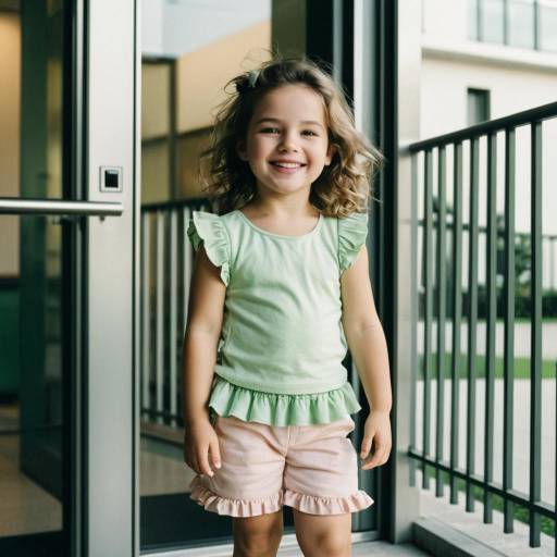 Smiling Toddler Girl in Pastel Outfit Near Modern Building