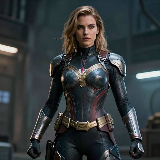 Photograph-style CGI of a blonde woman in a shiny black and silver armored suit with gold accents, standing confidently in a dimly lit industrial background.