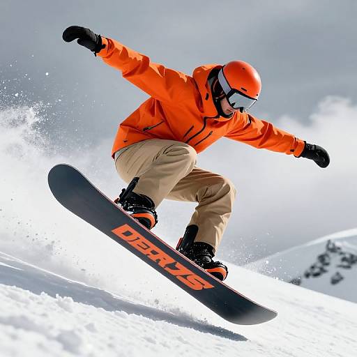 Photograph of a snowboarder in an orange jacket and helmet, beige pants, and black boots, mid-air against a snowy, cloudy background.