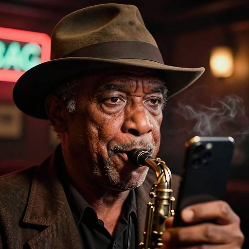 Photograph of an elderly Black man with a brown hat, playing a saxophone in a dimly lit bar, holding a smartphone.