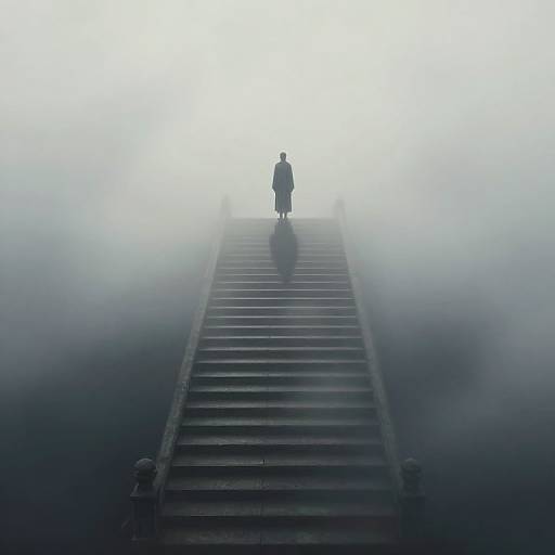 Photograph of a solitary, shadowy figure standing at the top of fog-covered stone stairs, silhouetted against a bright, white background.
