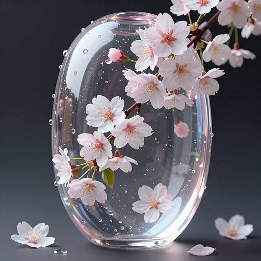 Photograph of a clear glass orb filled with delicate pink cherry blossoms and water droplets, against a dark gradient background.