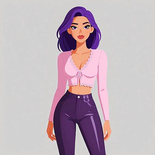 Digital illustration of a confident woman with purple hair, wearing a pink long-sleeve crop top and high-waisted black pants.