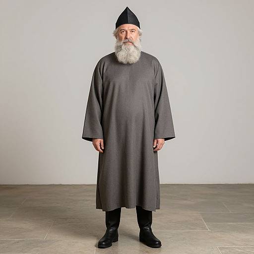 Photograph of an elderly man with a long white beard, wearing a black pointed hat and a long grey robe, standing against a plain white background.